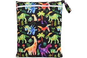 Sigzagor Wet Dry Bag Baby Cloth Diaper Nappy Reusable Washable With Two Zippered Pockets (Dinosaurs Coconut Trees)