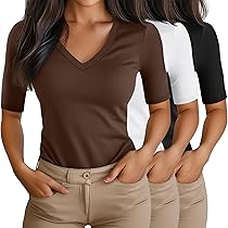 Ficerd 3 Pack Women's Half Sleeve V Neck T Shirts, Cotton