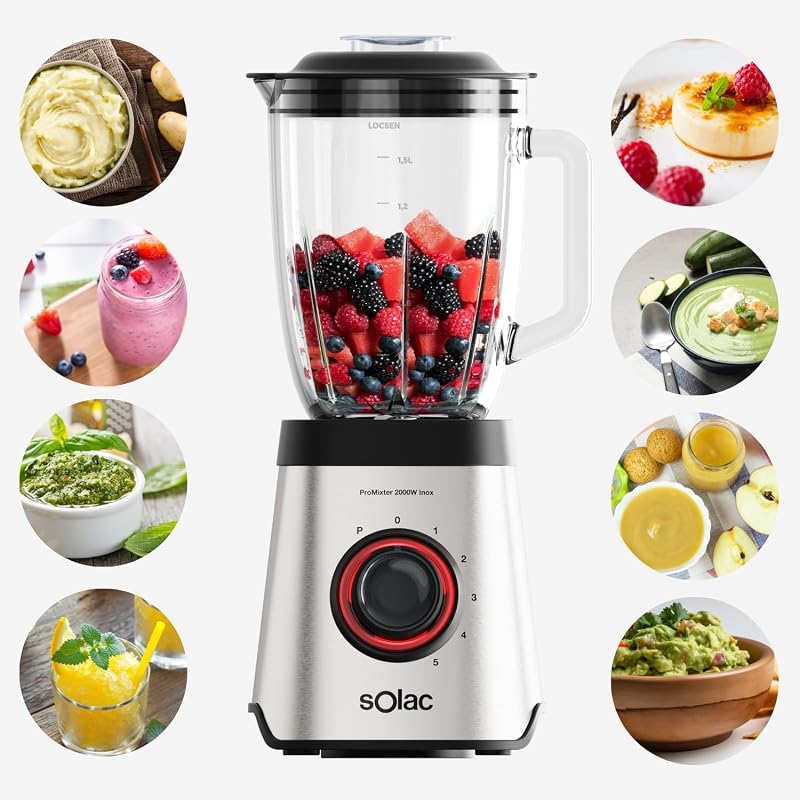 - Frullatore a bicchiere Promixter 2000 W | Caraffa in vetro 1,5 L | 5 velocità + PULSE | 6 lame in acciaio inox | Tritaghiaccio