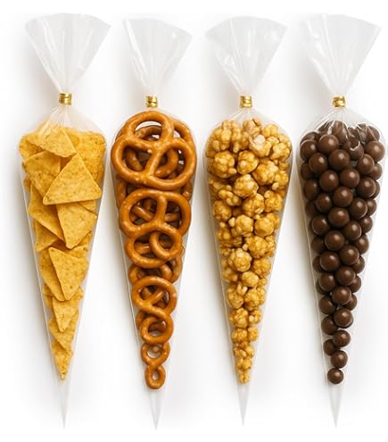 100-Pack Cone Shaped Treat Bags 7x15 Inch - Clear Cellophane Popcorn Bags With Twist Ties