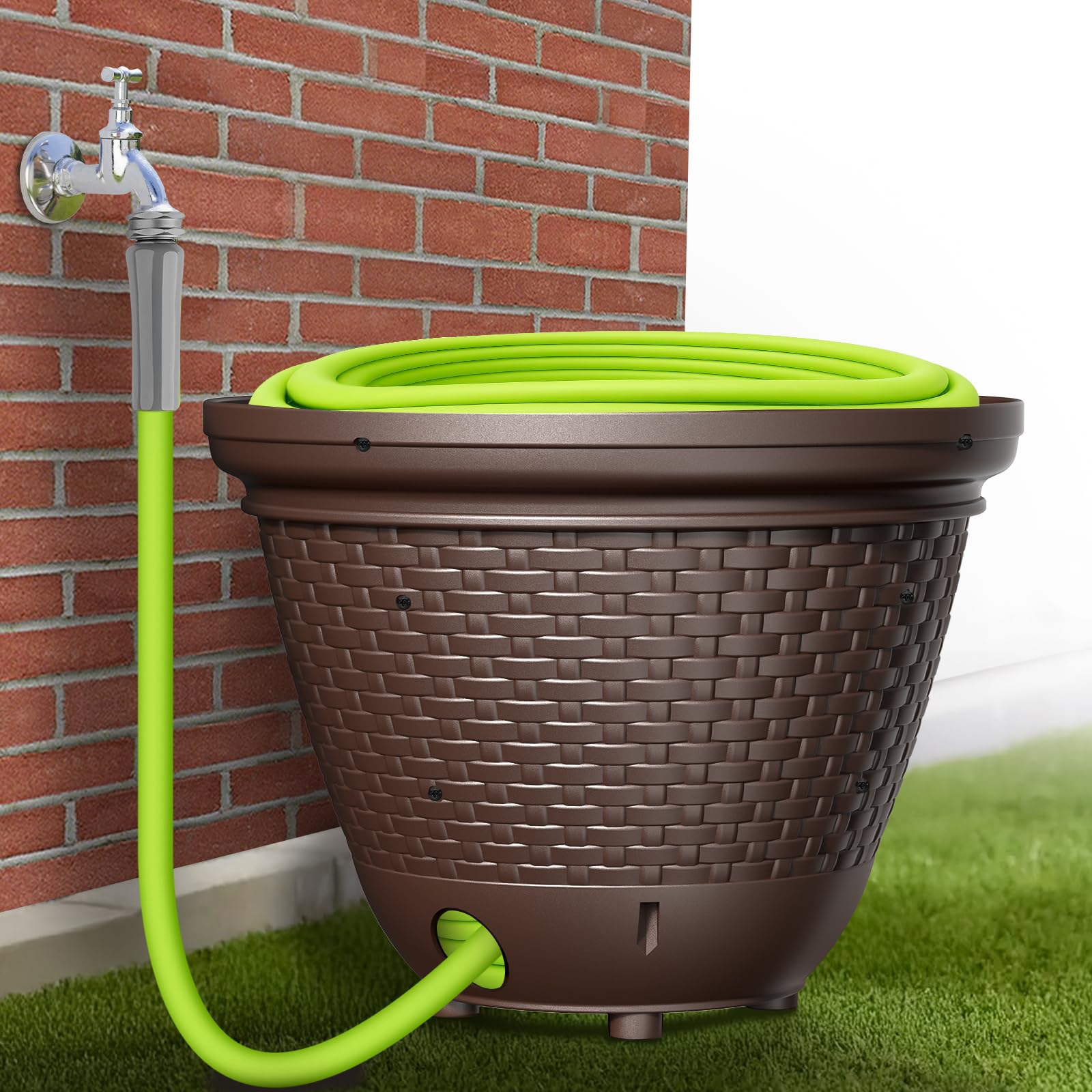 Photo 1 of Riokko Garden Hose Holder Pot, Decorative Wicker Hose Holder, Water Hose Storage for Outside/Garage, Hose Box Fits 100-400 FT Hoses with 5 Drain Holes, Large Capacity & Assembly Required, Java