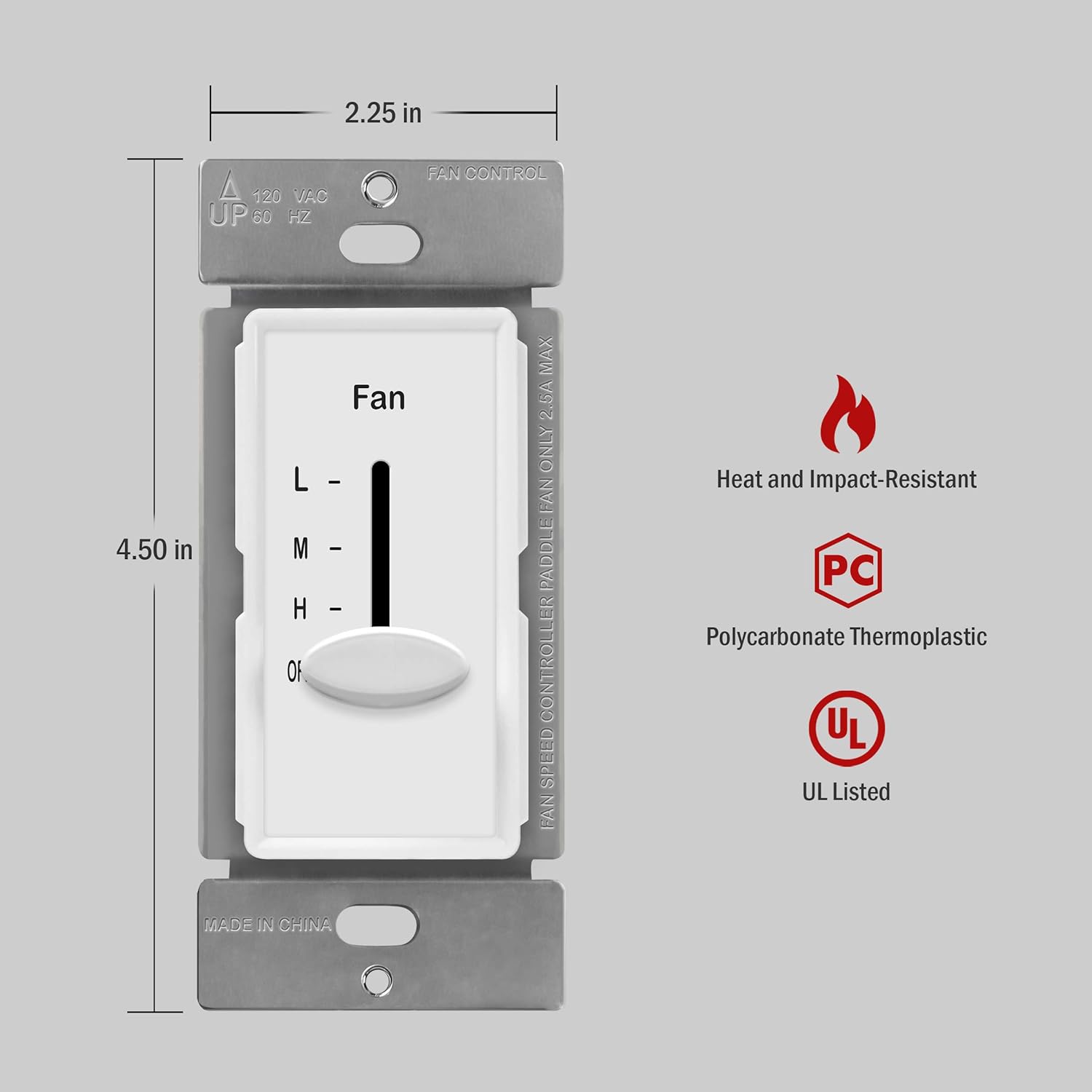 ENERLITES 3 Speed In Wall Ceiling Fan Control, Slide switch, 120VAC, 2.5A, Single-Pole, Neutral Wire Required, 17000-F3-W-F, White - - 