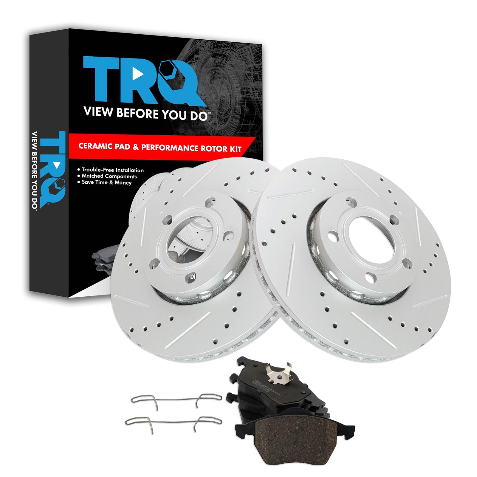 TRQ Front Performance Brake Pad & Rotor Kit Brake Pads Brake Rotors Set Ceramic Premium G-Coated Compatible with 1996-1999 Audi A4 A4 Quattro 1998 Volkswagen Passat Image