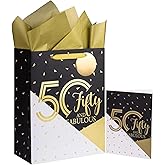 WRAPAHOLIC 13" Large 50th Birthday Gift Bag with Card and Tissue Paper - 50 Fifty and Fabulous