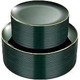 PULOTE 100PCS Green Plastic Plates - Green Disposable Plates With Gold Rim - Include 50 Pieces Dinner 10.25inch,50 Pieces Dessert 7.5inch for Party&Christmas