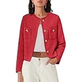 Women's Tweed Blazers Long Sleeve Business Button Down Casual Cropped Blazer Jackets with Pockets