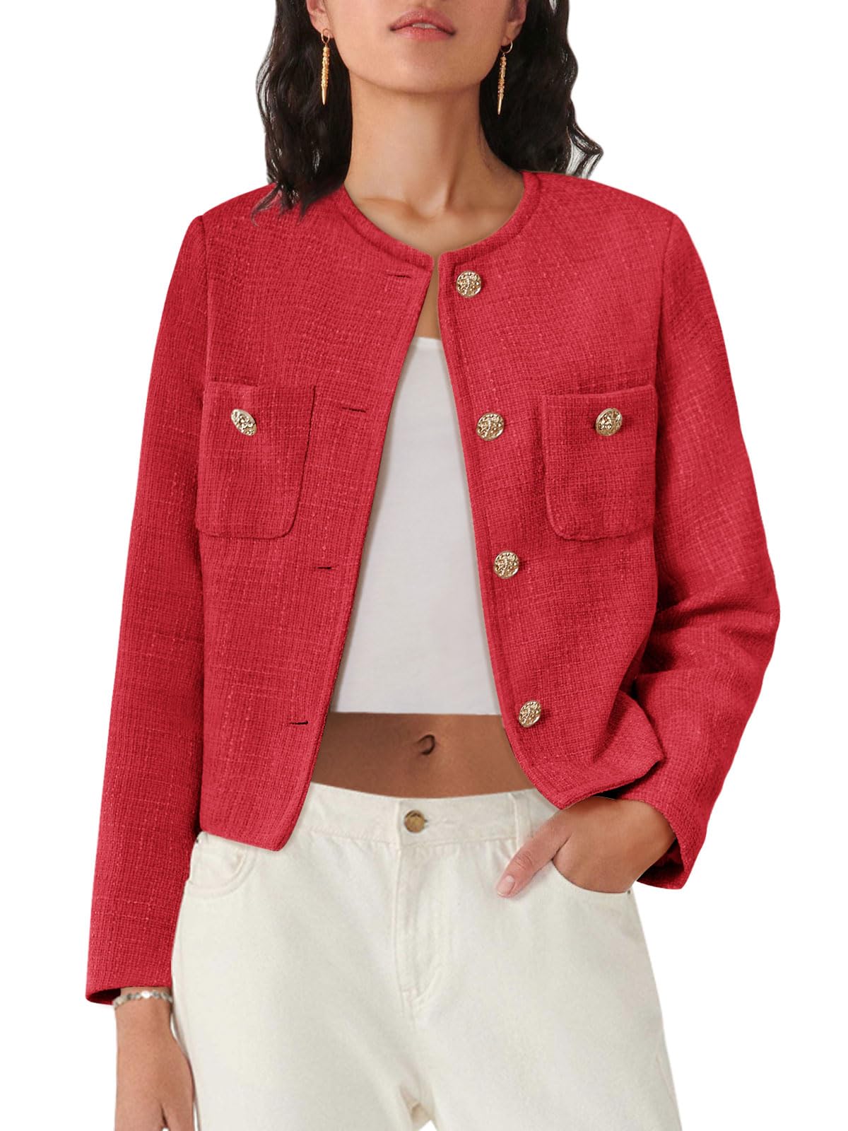 Photo 1 of (used)(XXL) Tweed Blazers for Women Long Sleeve Business Button Down Casual Cropped Blazer Jackets with Pockets Red XXL