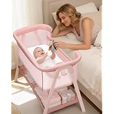 JevrJeur Baby Bassinet, Bedside Bassinet for Baby | Bassinet Bedside Sleeper with Mattress, Storage Basket and 4 Auto-Lock Wheels, Full-Mesh Sides, Bedside Mini Crib for Newborn