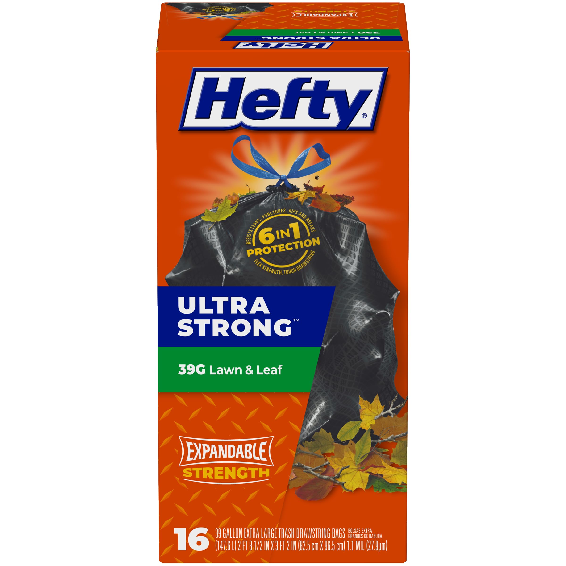 Hefty Ultra Strong Lawn & Leaf Trash Bags, Unscented, 39 Gallon, 16 Count