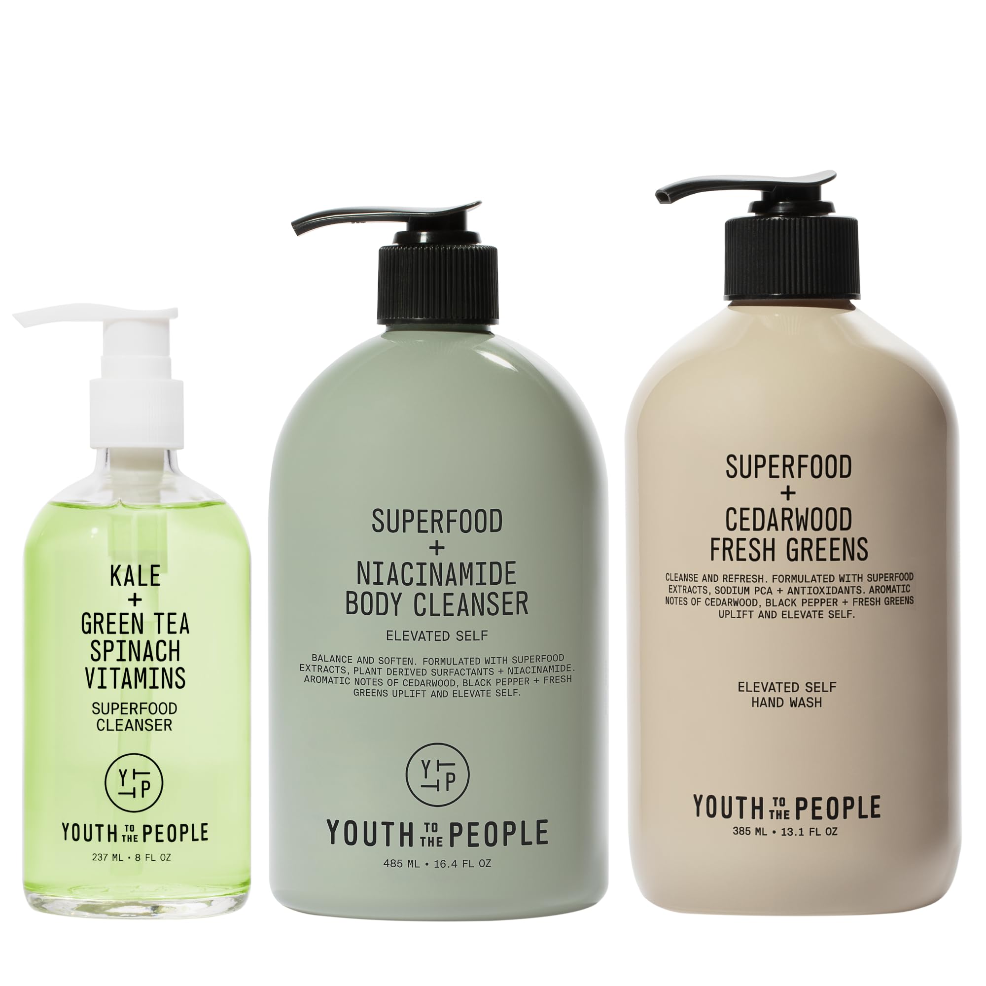 Youth To The People Superfood Cleansing Trio - Vegan Skincare Bundle Set - Superfood Kale + Green Tea Facial Cleanser (8 fl oz) + Body Cleanser (16.4 fl oz) + Antioxidant Hand Wash (13.1 fl oz)