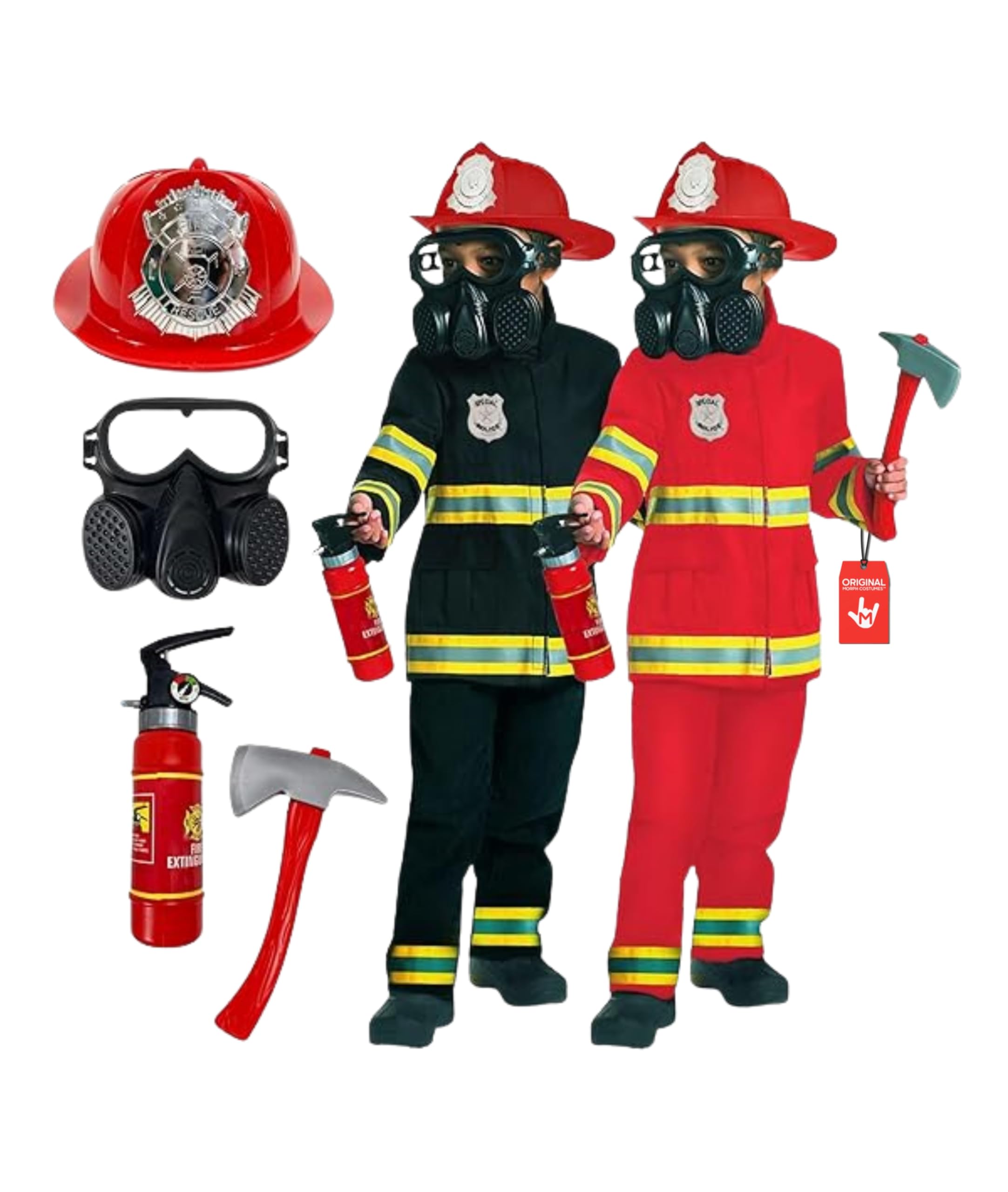 Morph Kids Fireman Costume Red Helmet Hat Outfit Firefighter Costume Halloween Costumes For Boys Medium
