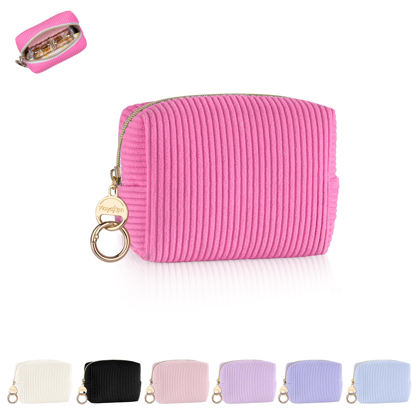Photo 1 of Playexen Mini Makeup Bag, Corduroy Small Cosmetic Bag for Purse with Ring Buckle, Portable Travel Makeup Pouch for Lipsticks, Chapsticks, Coin, Earphone, Credit Card (Rose Red)