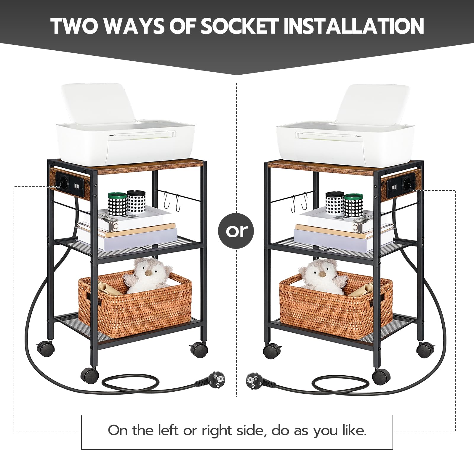 HOOBRO Druckerständer, 3-stufiger Druckerständer mit Ladestation, Lagerregal mit Rollen/verstellbaren Füßen, mit 2 Haken, für das Heimbüro, Vintagebraun und Schwarz EBF22CPS01 5