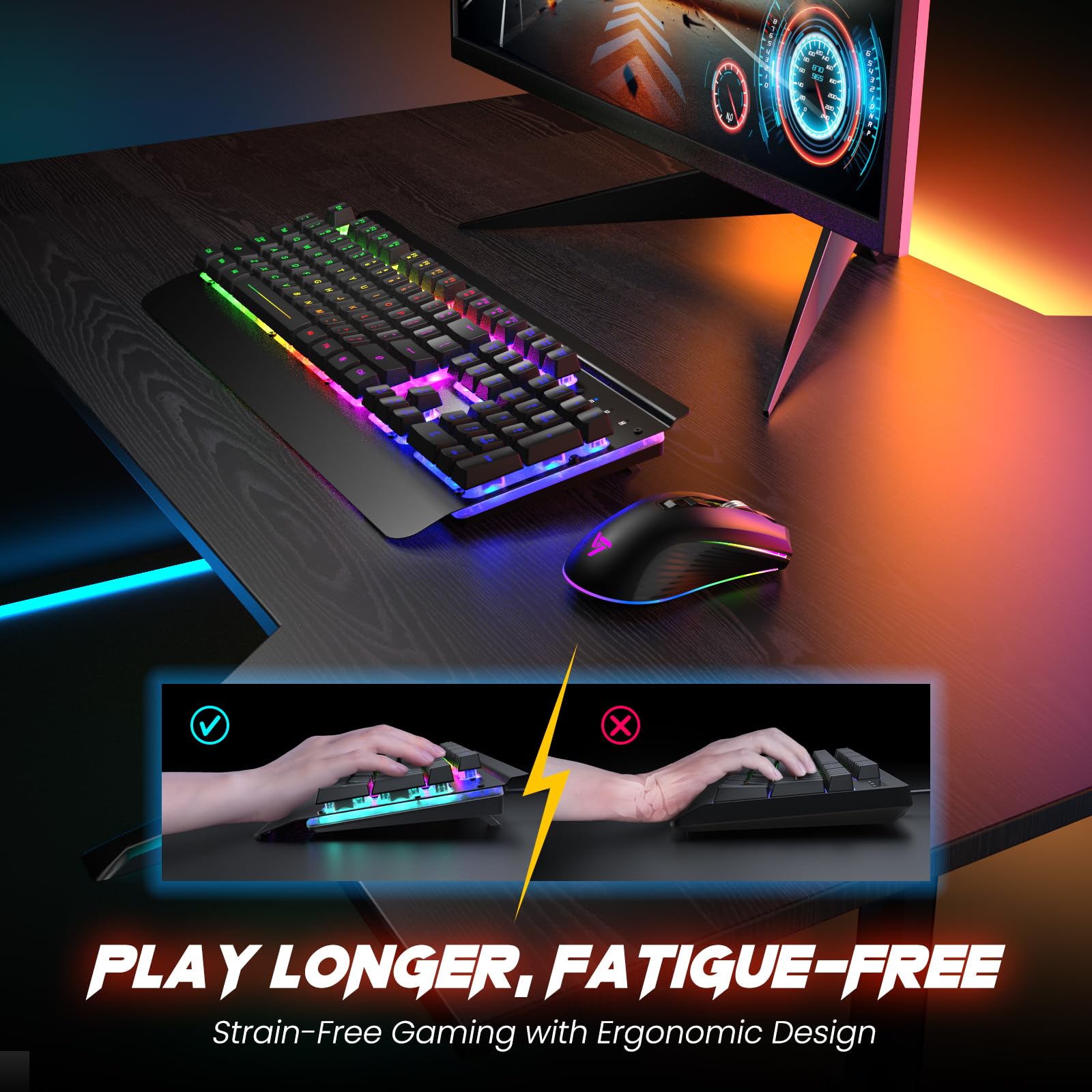 RisoPhy Wireless Gaming Keyboard and Mouse Combo, Metal Panel, 7 Color Backlits, Rechargeable 3200 mAh Battery, Wrist Rest, Sleep Mode, Light Up Keyboard + 7D 3200DPI Gaming Mice for PC Gamer