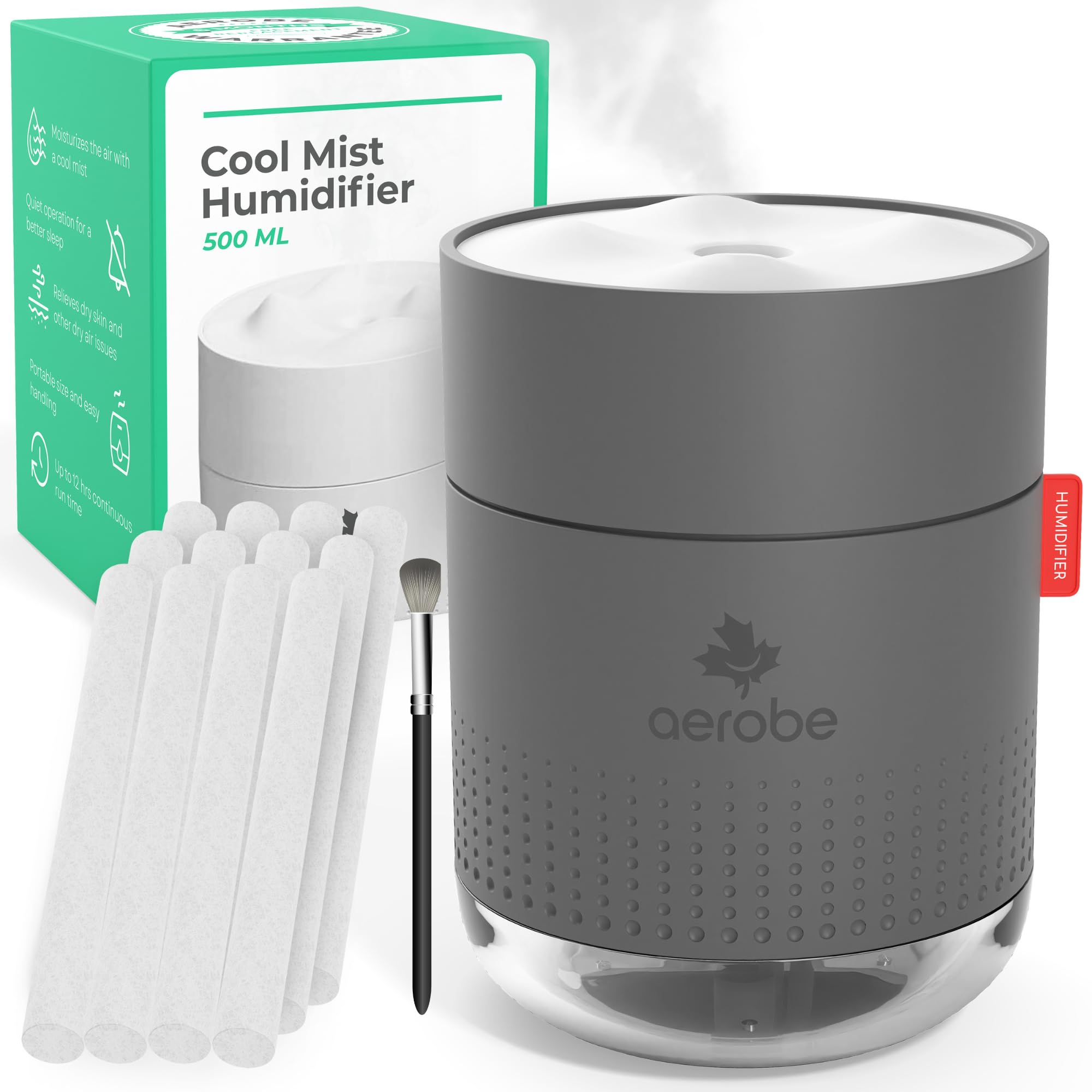 Aerobe Humidifier for Bedroom with Night Light, 500ML Cool Mist Humidifiers for Home and Plants, Humidifiers for Baby with 12~16 Working Hours, Waterless Auto-Off Mini Humidifier