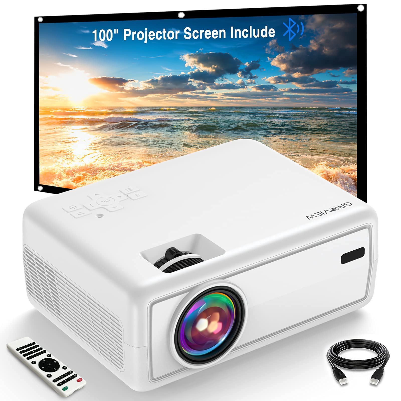 Projector, GROVIEW mini projector, Native 720P HD Projector, 6000 Lumens, 240'' Display, Support 5.0 Bluetooth, Compatible with iPhone/Android/TV Stick/HDMI/VGA/USB/TV Box/Laptop/DVD/PS4