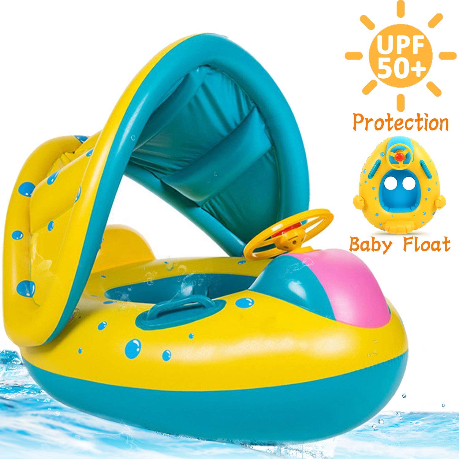 ベビー水泳プールフロート 空気注入式浮き輪 調節可能なサンシェードキャノピー付き 安全シートフロート ボート 幼児 お風呂のおもちゃ プールビーチ 保護 UPF50+ 対象年齢648ヶ月   B07PMVSZ37