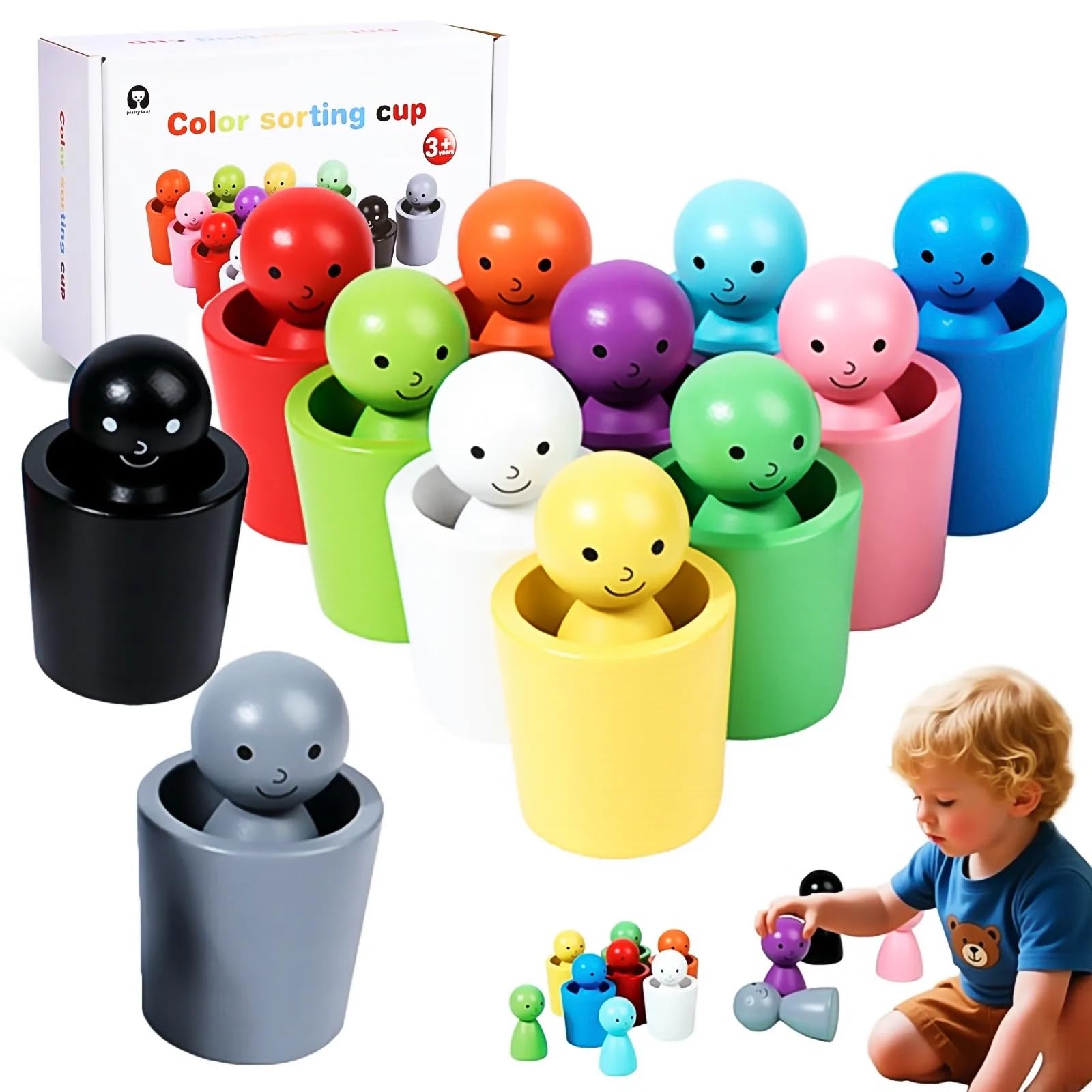 XUDUOO Colour Sorting Toys for Toddlers, 12Pcs Peg Dolls In Cups Montessori Toys, Sensory Stacking Cups Toddler Games for Children to Identify and Match Hue, Wooden Cups and Peg Dolls Matching Games