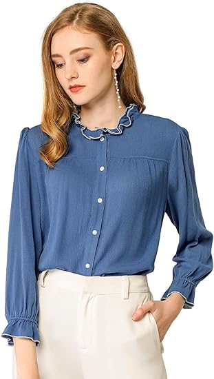 Amazon Allegra K フリルネックブラウス シャツ ボタンアップ オフィス カジュアル レディース シャツ ブラウス 通販