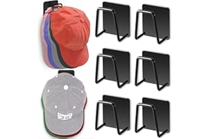 AIZZKE Hat Rack for Wall Hat Organizer (6-Pack), Metal Hat Racks for Baseball Caps, Adhesive Hat Hooks for Wall, No Drilling Hat Hangers for Closet Hat Holder Display, Sticky Hat Storage for Baseball Caps