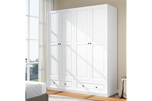 LABROSKIA White Armoire Wardrobe Closet with 4 Drawers: 74" Bedroom Wardrobe Closet for Hanging Clothes, Wood Cabinet for Clothes with 4 Doors, Armoire with Shelves(White, 63")