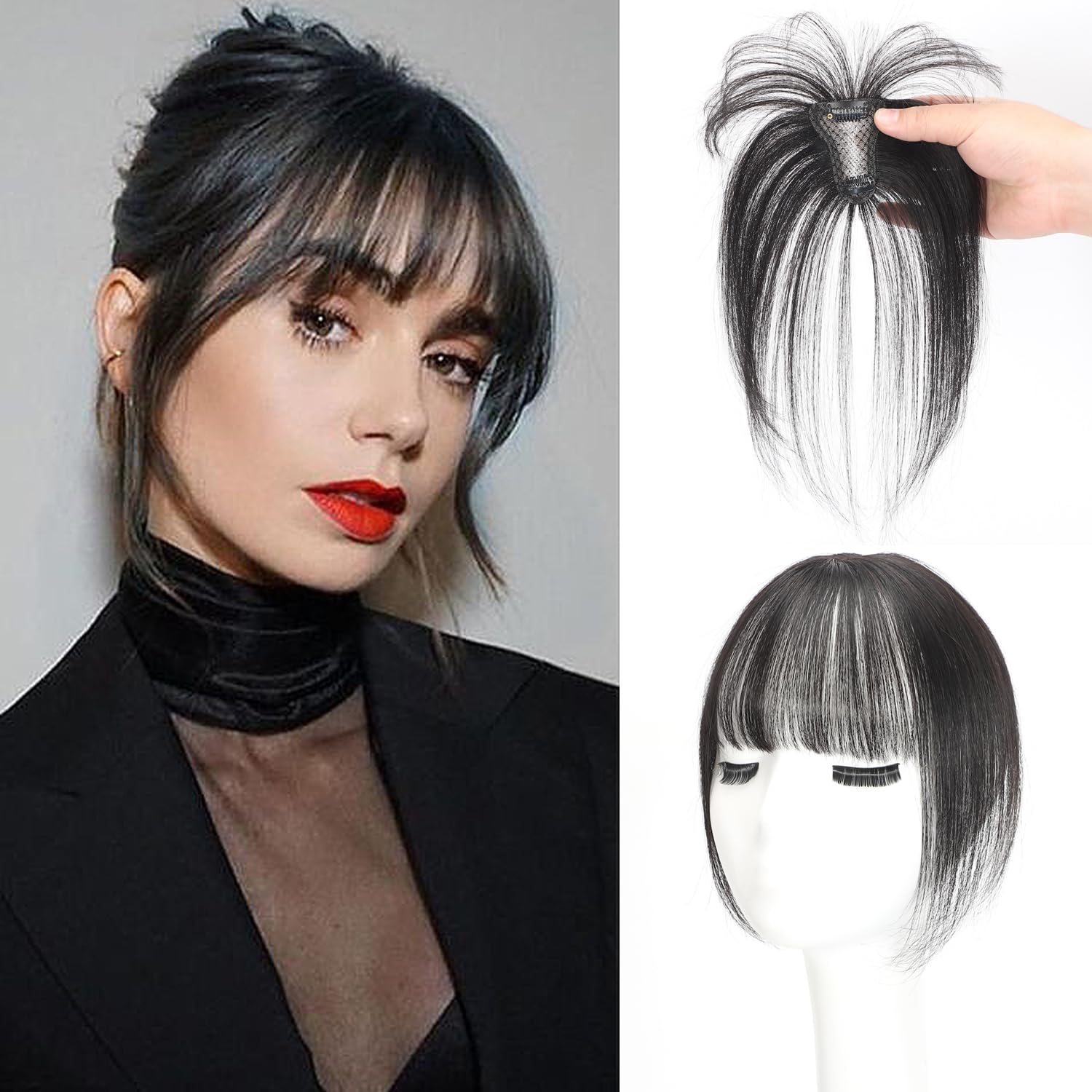 Clip In Fringe 100% Real Human Hair Bangs Hair Clip Thin Bangs On Hairpiece On Air Bangs With Temple Wispy Bangs Hair Extensions for women (Brown Black, 3D Wispy Fringe) — image 1