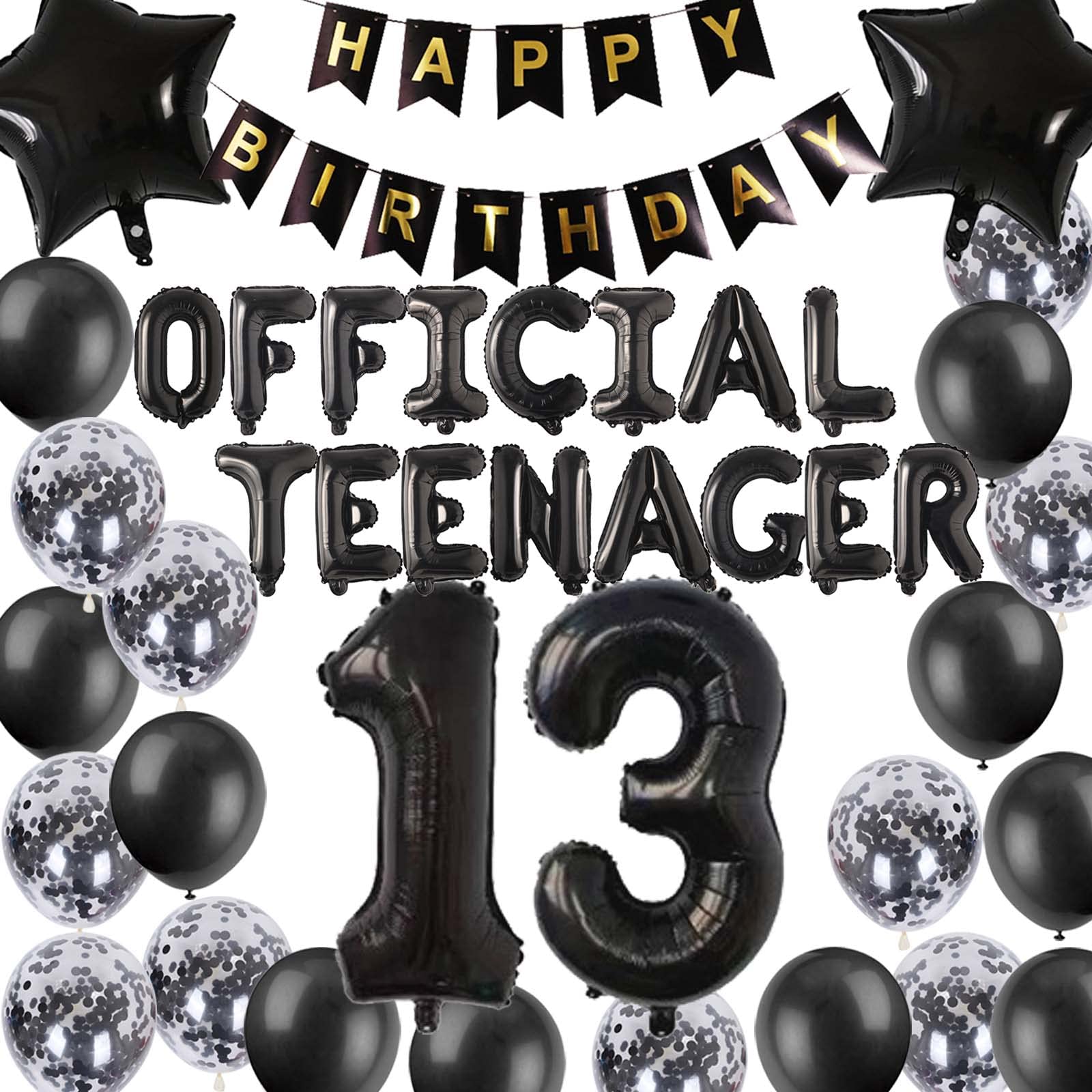 Photo 1 of Official Teenager 13th Birthday Decorations Black for Boys, 13th Birthday Banner Black Number 13 Birthday Star Foil Balloons 13th Birthday Confetti Balloons for Boys 13 Years Old Birthday(13th Black)