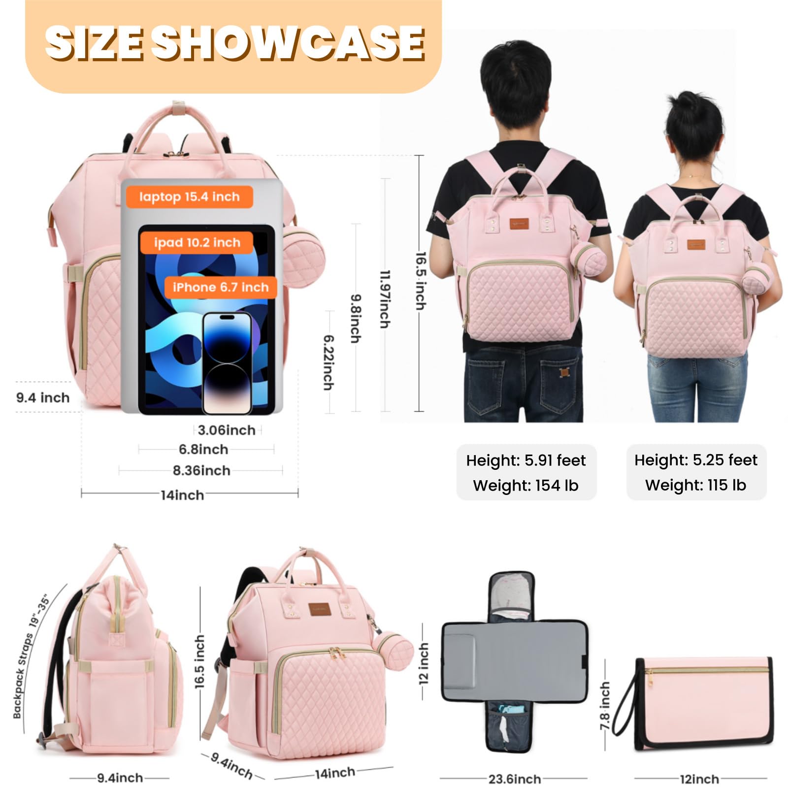 ROSEGIN Pink Diaper Bag Backpack for Baby Girls - Baby Shower Gifts for Mom, Quilted Diaper Bag with Changing Pad, Pacifier Case, Insulated Pockets, Stroller Straps, 35L Large Capacity - Cute