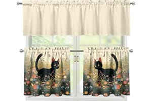 Qehuruxo Kitchen Curtains and Valances Set Tier Curtains Shade Panels for Windows 3 Piece Set Bathroom Panels Window for Living Room Bedroom Bathroom Cat Floral Print
