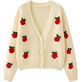 HOULENGS Women's Strawberry Print Button Down Long Sleeve V Neck Crop Cardigan Sweater