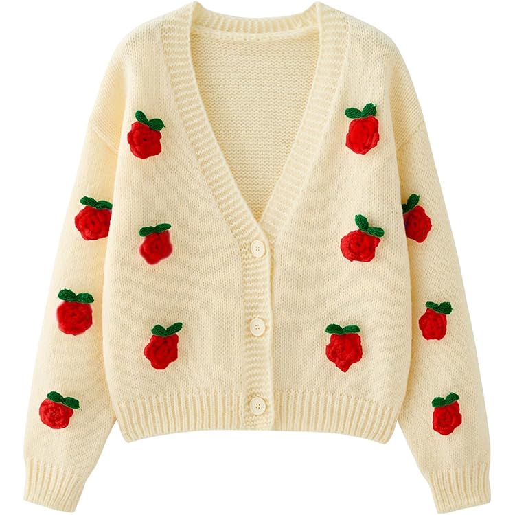 Women's 3D Flowers Embroidered Sweater V-Neck Button Down Y2K