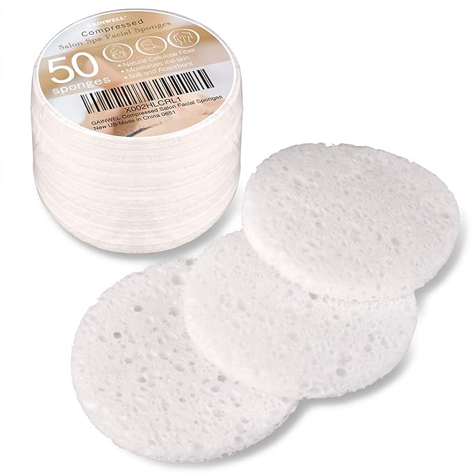 50Count Compressed Facial Sponges, GAINWELL White Cellulose Facial Sponges, 100 Natural