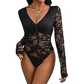 xxxiticat Women's Long Sleeve Bodysuit Sheer Mesh See Through V Neck Button Down One Piece Black Floral Lace Jumpsuit