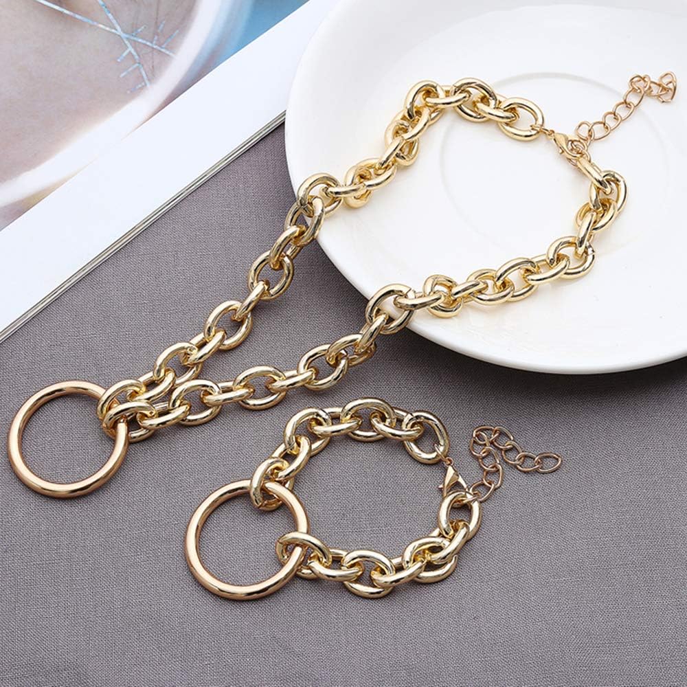 Huture Retro Punk Style Hip Hop Costume Jewelry Snake Curb Turnover Chain Necklace Bracelet Set Fully Adjustable Durable Strong Removable Delicate for Men Women, Gold : Clothing