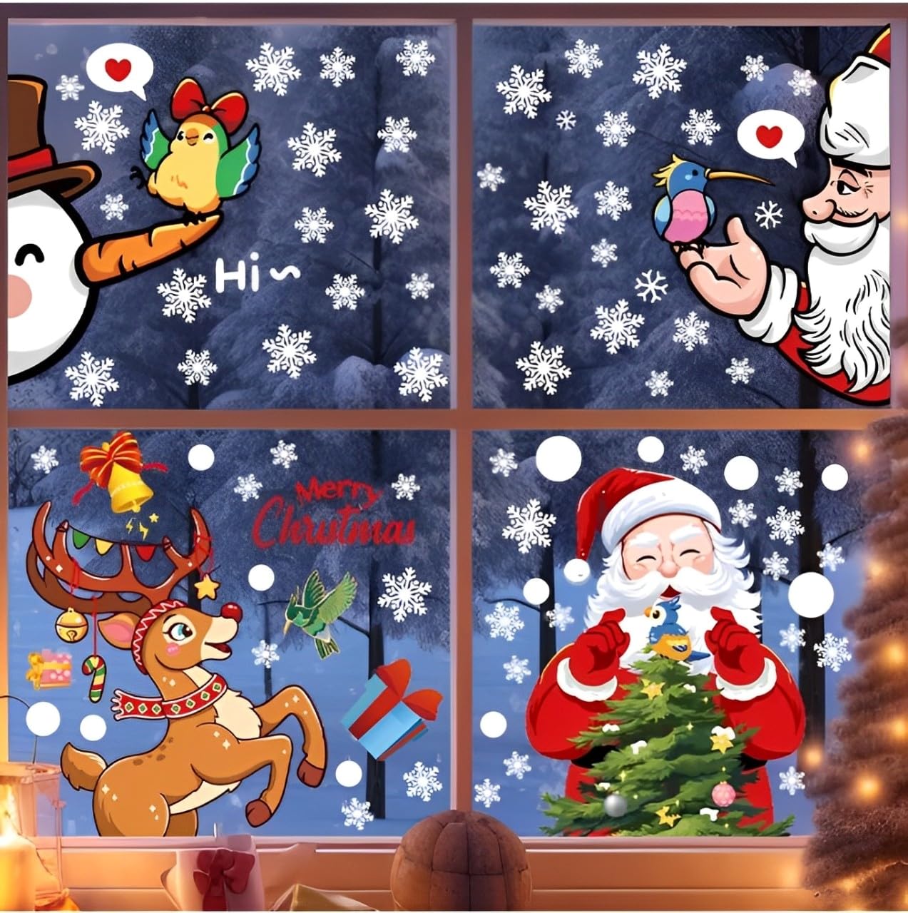 Christmas Window Clings,Window Stickers for Windows Glass,Winter Window Cling, 3D Christmas Decorations, Ideal for Decorating Glass Windows for Holiday, Winter, Home, School, and Party Events.（4PCS）
