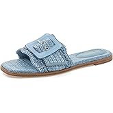 Rihero Women's Raffia Flat Sandals Square Open Toe Summer Beach Slip On Woven Buckle Slide Sandals