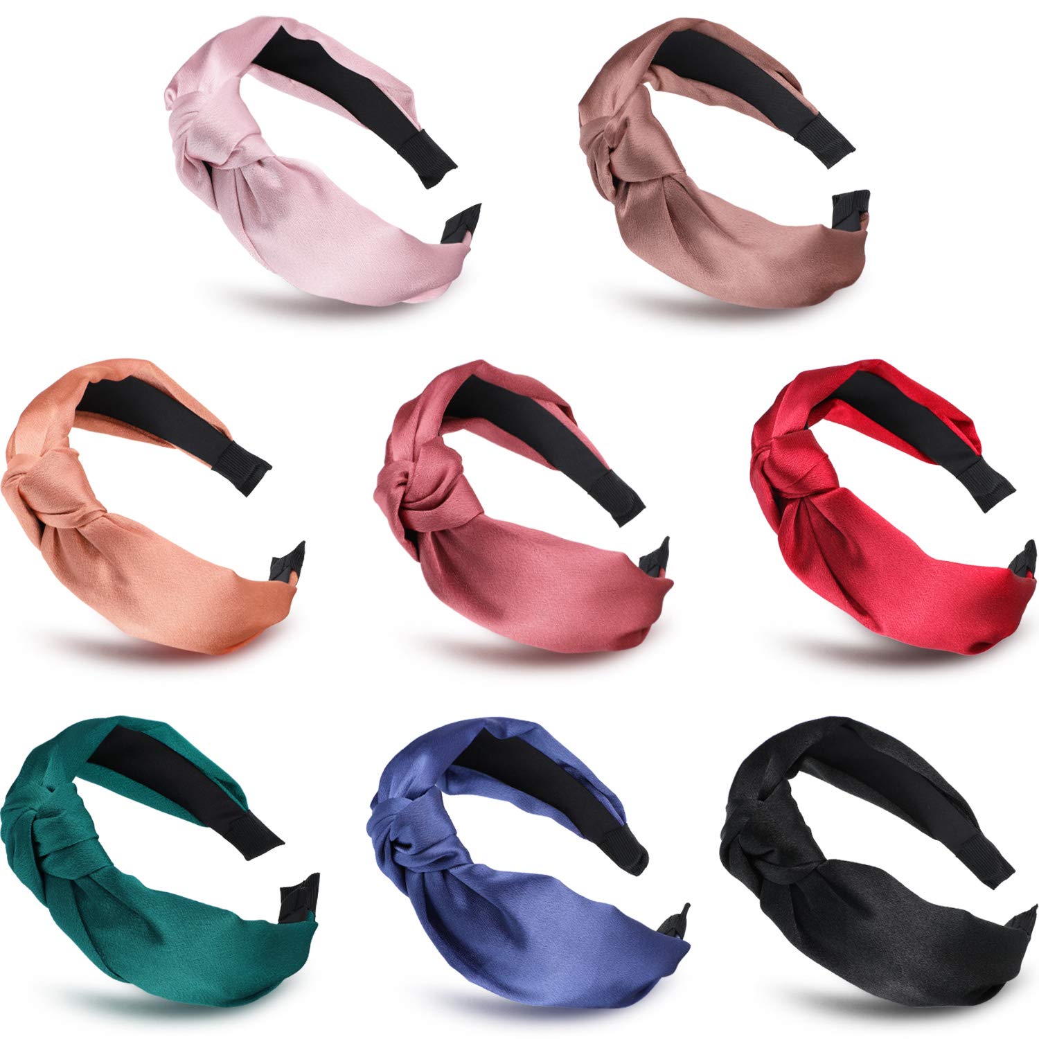 Silk Headbands Satin Knot Headband for Women Girls, 8 Pcs Topknot Headband Solid Color Cross Wide Hairbands Elastic Hair Accessories