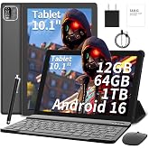 10 Inch Android 16 Tablet with Keyboard,Case, Mouse, Stylus (Black) | 64GB + 1TB Expand, 5G WiFi, 6000mAh