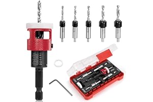 5PCS Red Countersink Drill Bit Set with Low Friction Depth Stop, Replaceable HSS Pilot Drill, Multi-Size Bits, 1/4" Hex Shank