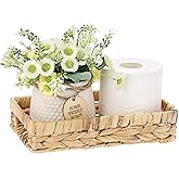Hoowen Bathroom Vanity Tray, Water Hyacinth Narrow Counter Tray with Handles, Decorative Woven Organizer Trays for Toilet Tank, Shelves, Farmhouse Hand Towels Basket Holder for Storage (Small)