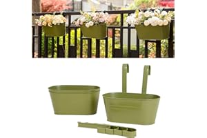 pansparade 3 Pack Metal Hanging Flower Pots for Railing Fence，Outdoor Balcony Rail Planter with Detachable Hooks Drainage Holes for Deck Garden Home Decor Green