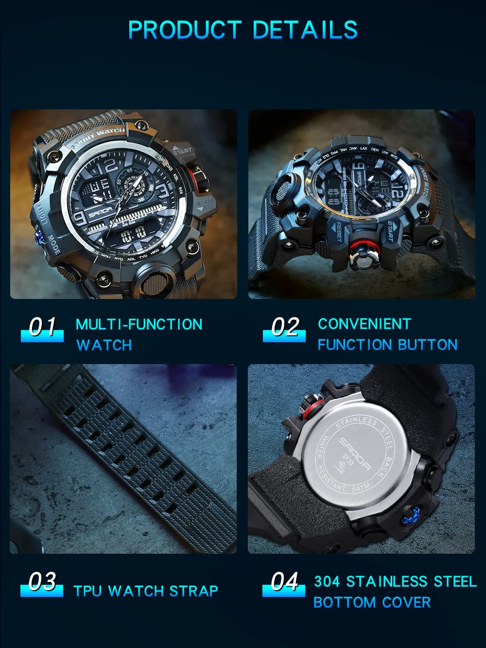 AIMES Mens Watches Sports Outdoor Waterproof Military Watch for Men Tactical Watch Analog Digital Date Alarm Stopwatch Multi-Function Tactics Big Face Wristwatch for Men