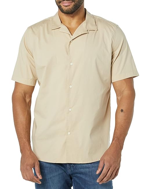 Amazon Essentials Men's Vacation Cotton Resort Shirt, Slim-Fit Short Sleeve, Khaki Brown, Small