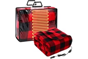 Tuanse 58 x 43 Inches Car Electric Blanket 12 Volt Heated Car Blanket with Temperature Controller and Transparent Storage Bag Cold Weather Tailgating and Emergency Kit(Red Black,Checkered)