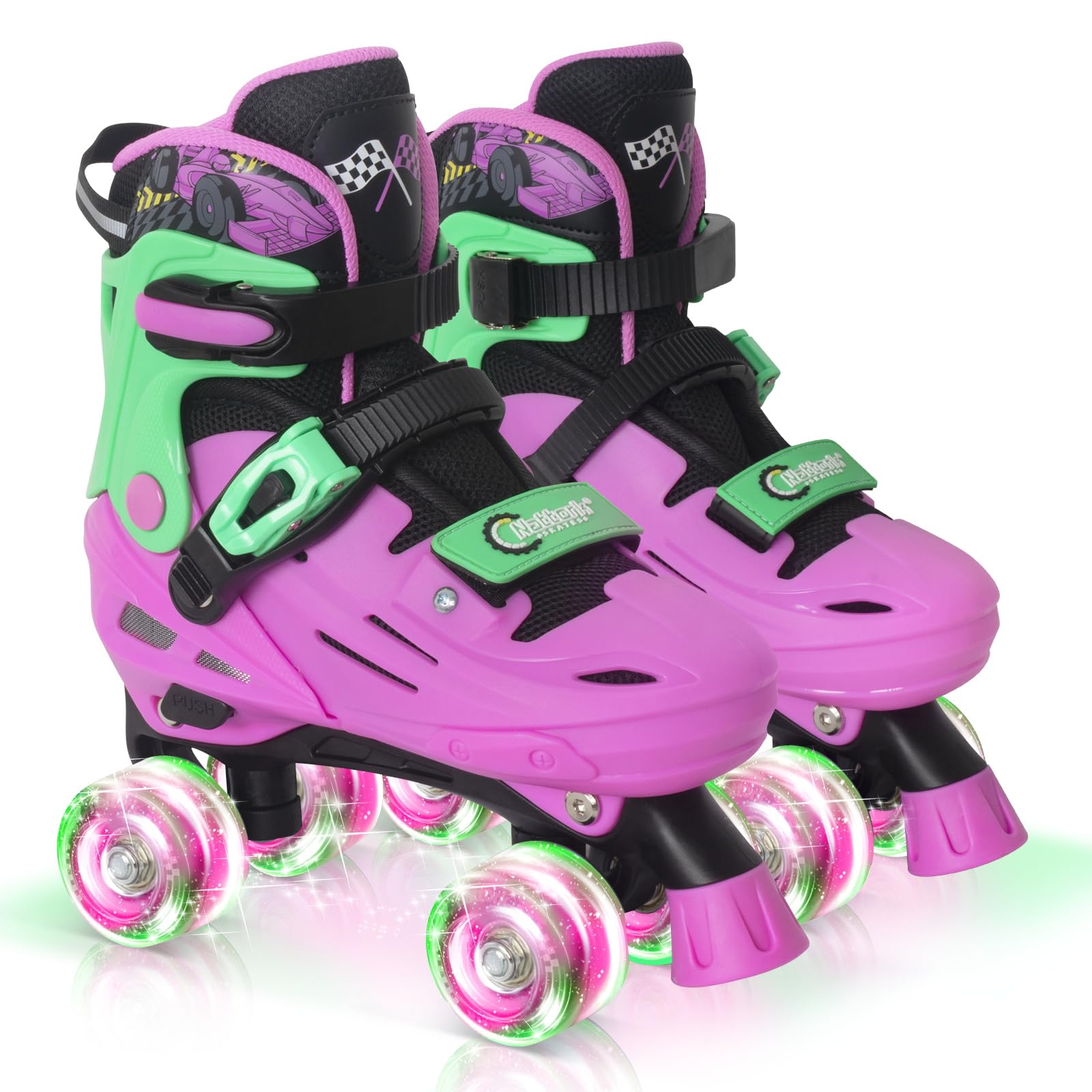 Photo 1 of Nattork Adjustable Roller Skates for Kids Boys Girls- Teen Youth Age 6-12 10 11 12 Cool Racing Car Indoor Outdoor Gift Idea for Birthdays Christmas Pink Green