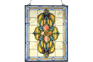Bieye W10030 Victorian Tiffany Style Stained Glass Window Panel Hangings with Chain, 18" W x 25" H