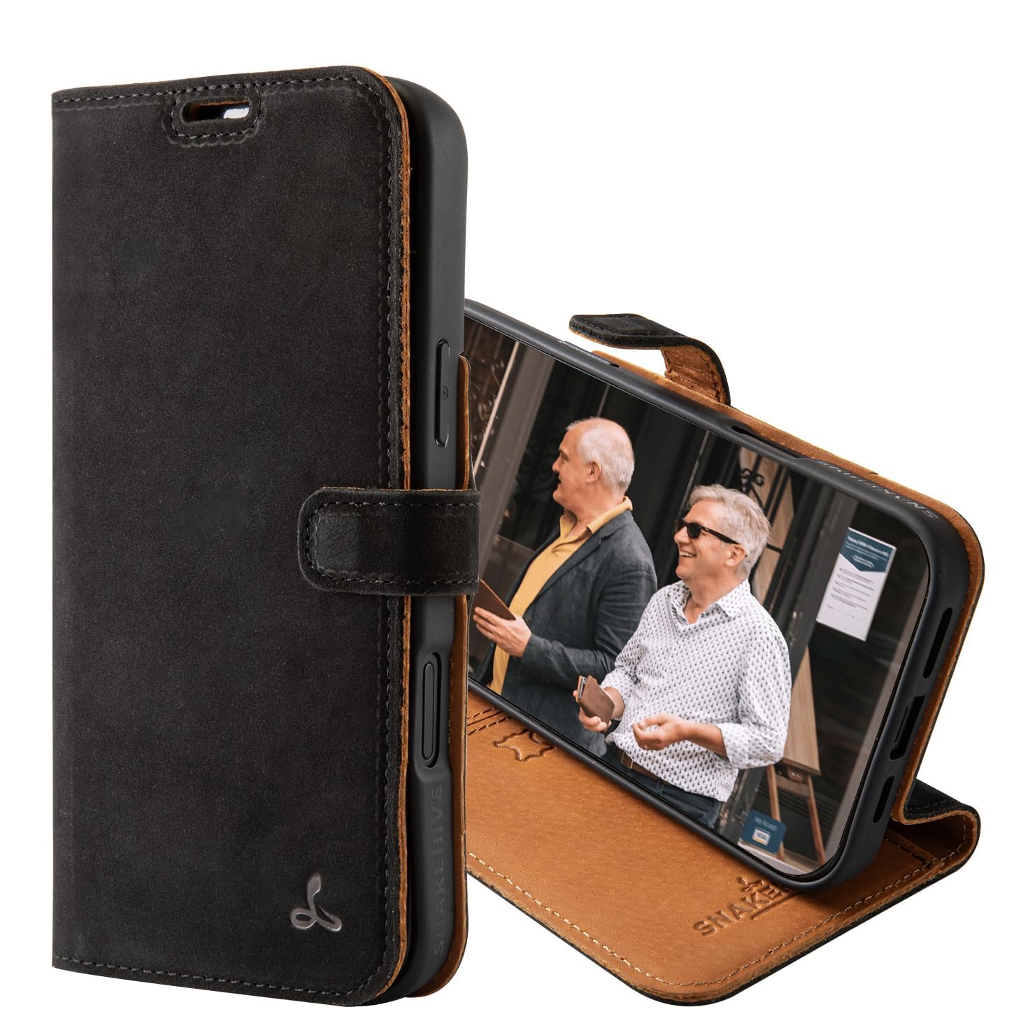 Snakehive Leather Wallet for iPhone 16 Pro Max - Real Leather Wallet Phone Case with Viewing Stand and Card Holder - Flip Folio Cover with Card Slots (Black)
