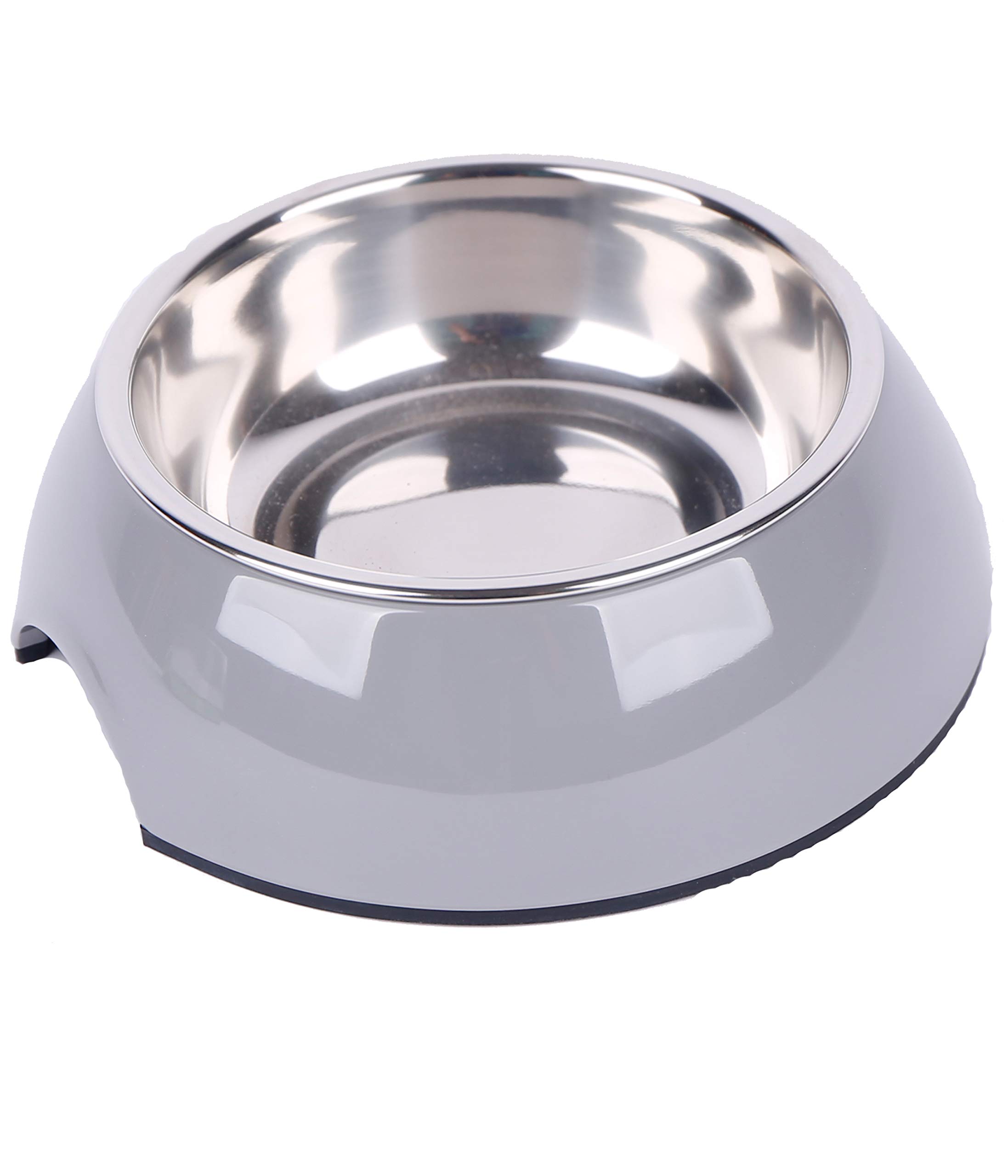 Dehner Dog and Cat Bowl, Diameter 22 cm, Height 6 cm, 700 ml, Melamine/Stainless Steel/Rubber, Grey