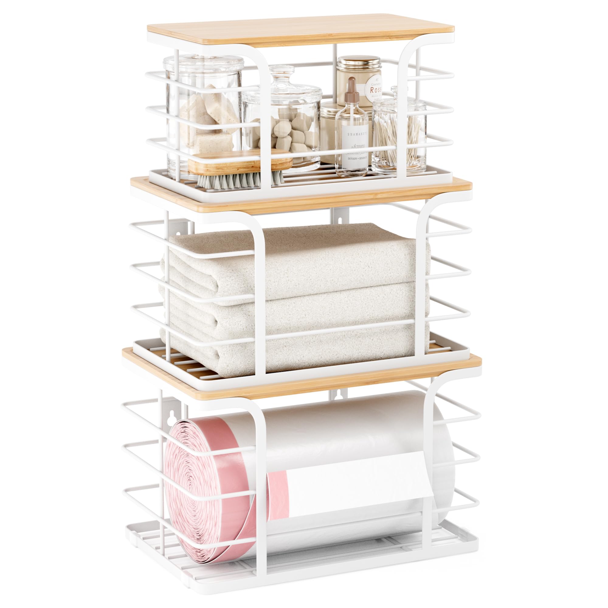 Photo 1 of Stylstoreazy 3 Pack Stackable Pantry Organizer,Stainless Steel Trash Bag Holder Dispenser,Kitchen Storage Organization for Kitchen Counter Sink,Laundry Room,Pantry, White