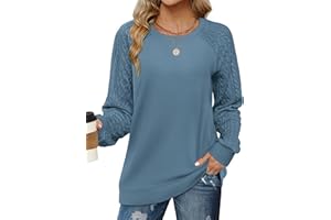 Saloogoe Sweatshirts for Women Crewneck Cable Knit Sleeve Sweaters Lightweight Fashion 2024